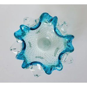 Vintage Murano Bullicante Controlled Bubble Blue Silver Art Glass Ashtray Bowl